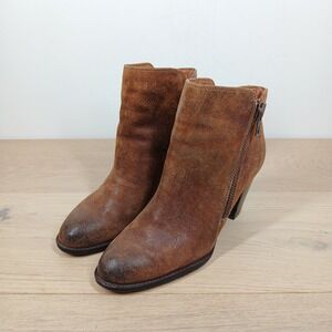 Sofft Leather Ankle Boots Womens 9 Brown Cognac Side Zip Block Heel Booties